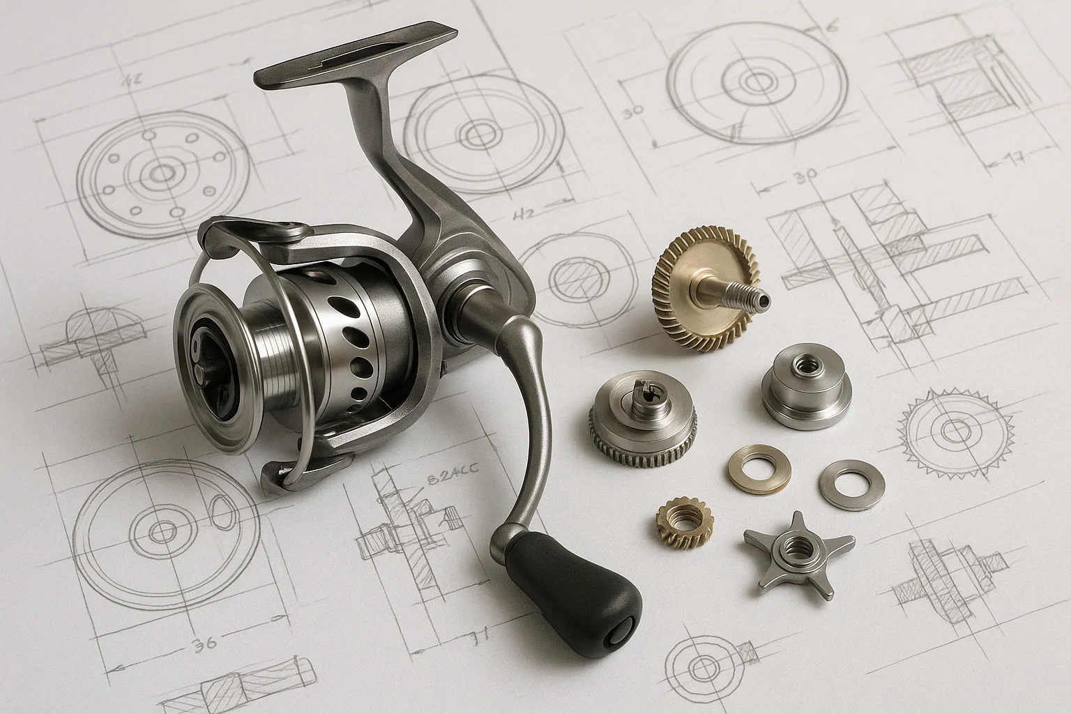 Gros plan sur les composants d'un moulinet de pêche, montrant la qualité et la précision.