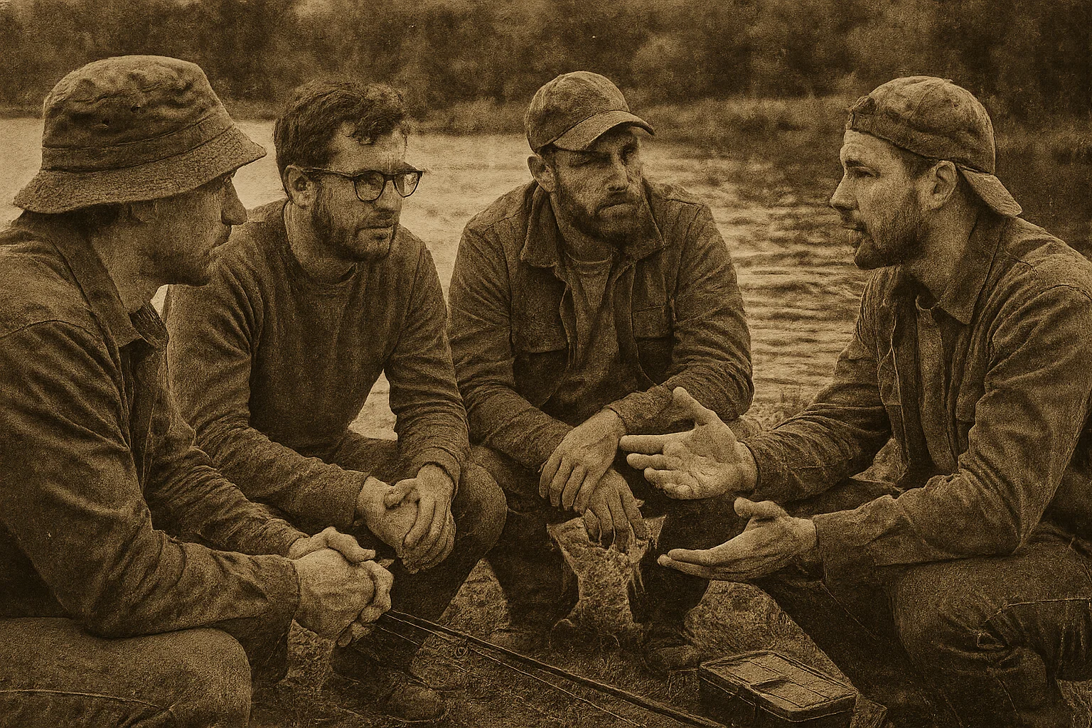 Deux personnes discutant au bord de l'eau, symbolisant l'origine de l'idée.