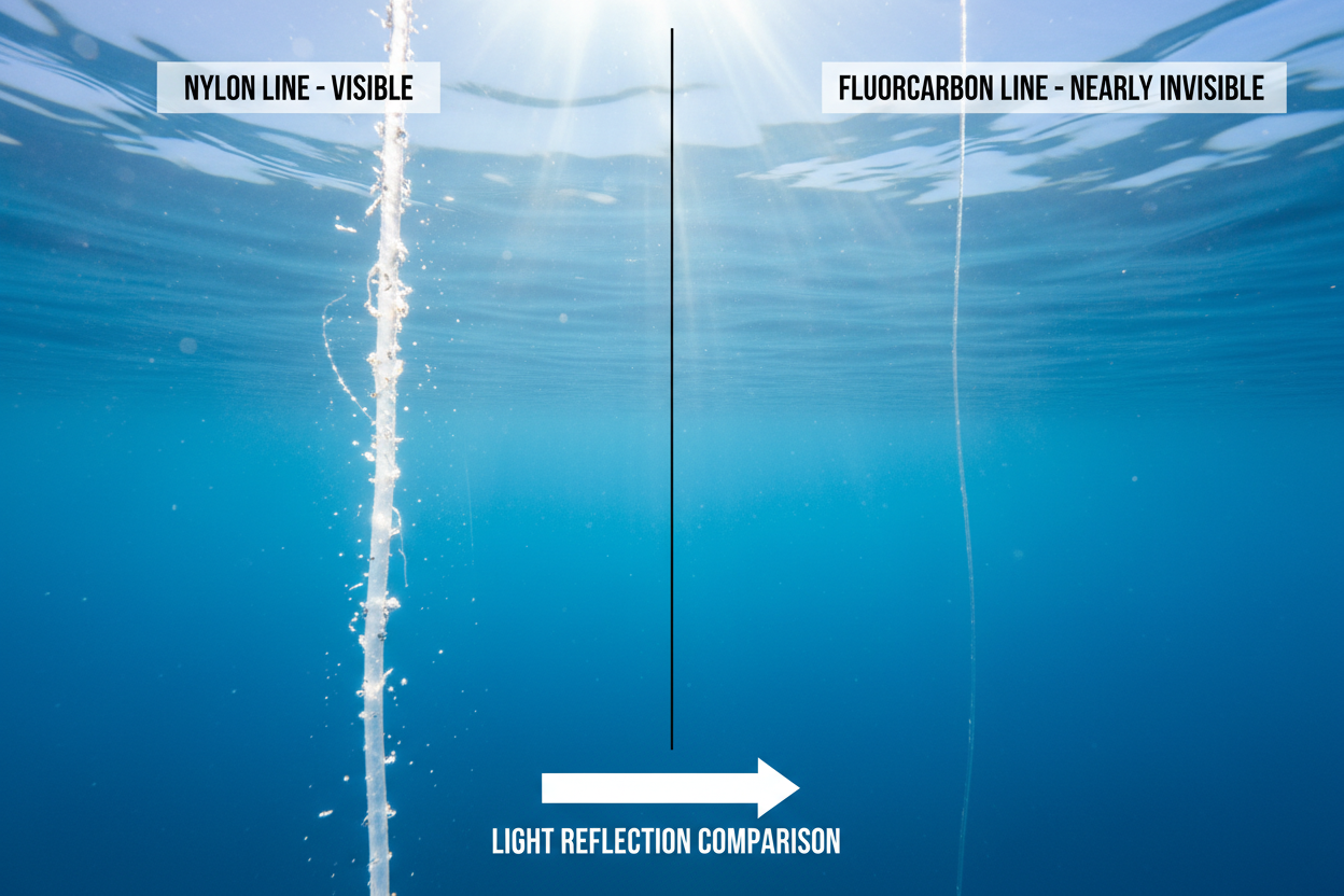 Comparaison visuelle sous l'eau entre un fil nylon visible et un fluorocarbone invisible
