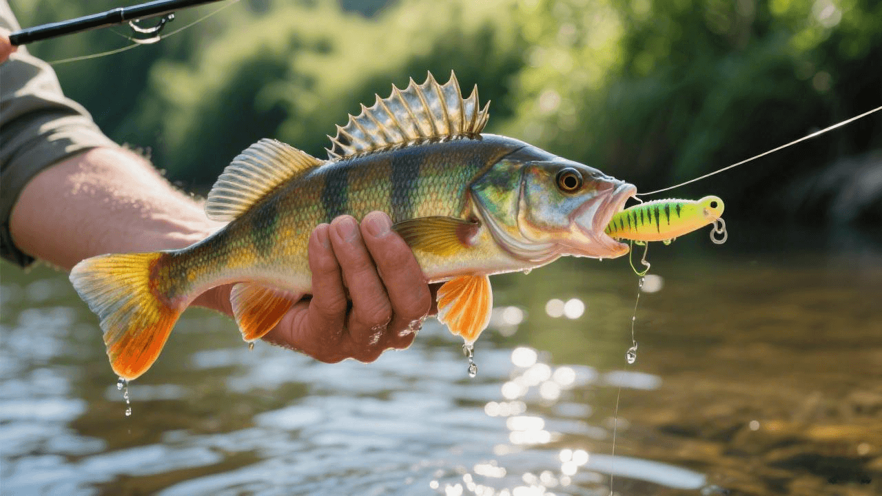 Un pêcheur tenant une belle perche zébrée prise avec un petit leurre souple
