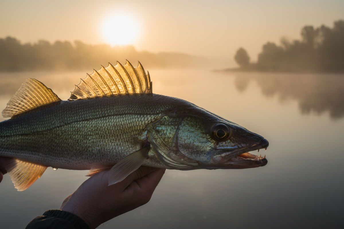 Pêcheur tenant un magnifique sandre aux yeux dorés, pris au leurre souple au lever du soleil