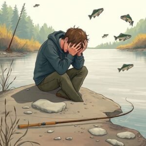 Un pêcheur débutant frustré au bord de l'eau, se demandant pourquoi il ne prend pas de poisson