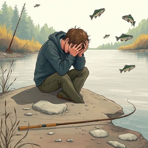 Un pêcheur débutant frustré au bord de l'eau, se demandant pourquoi il ne prend pas de poisson