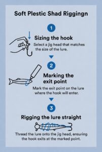 Infographie montrant les étapes pour monter un leurre souple sur une tête plombée
