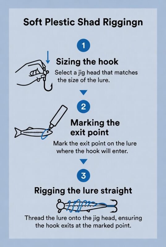 Infographie montrant les étapes pour monter un leurre souple sur une tête plombée