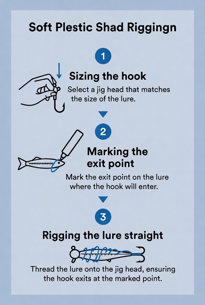 Infographie montrant les étapes pour monter un leurre souple sur une tête plombée