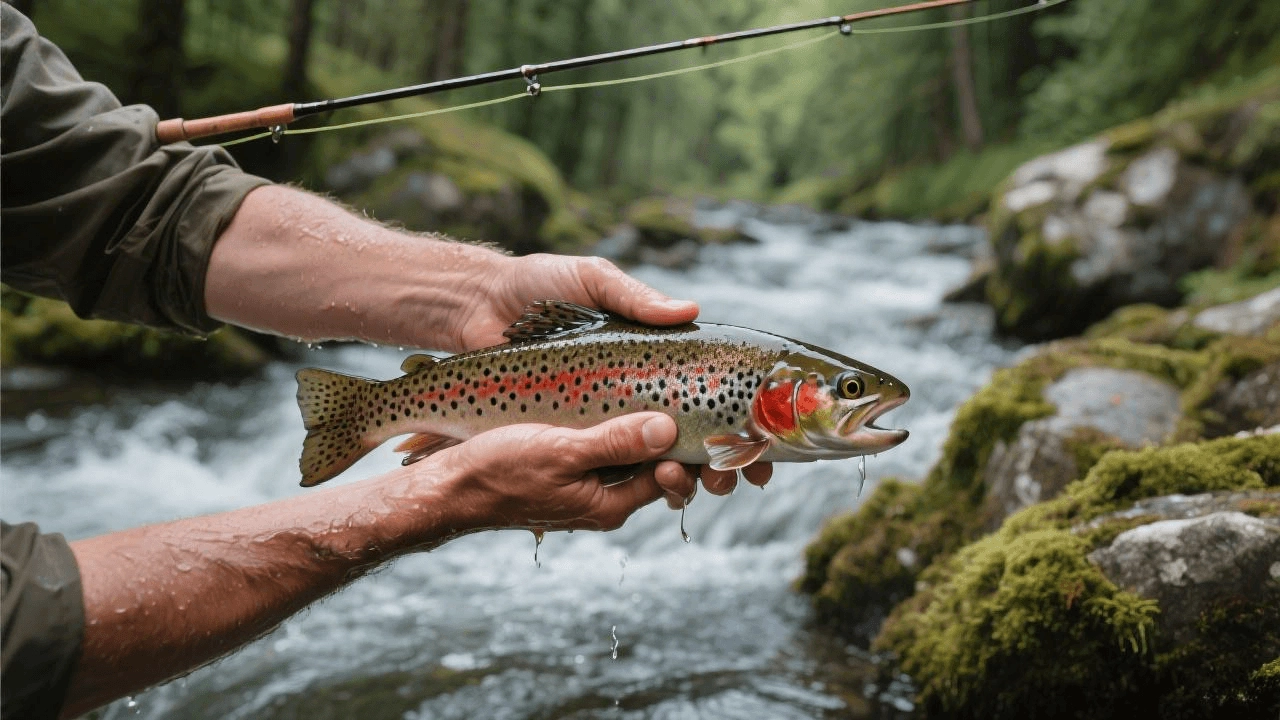 Un pêcheur tenant une magnifique truite fario sauvage au-dessus de l'eau d'une rivière