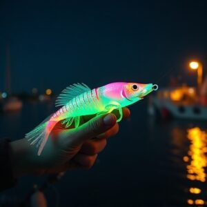 Pêcheur tenant une turlutte phosphorescente pour la pêche nocturne du calamar