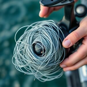 Un moulinet de pêche avec une grosse perruque de fil de pêche emmêlé