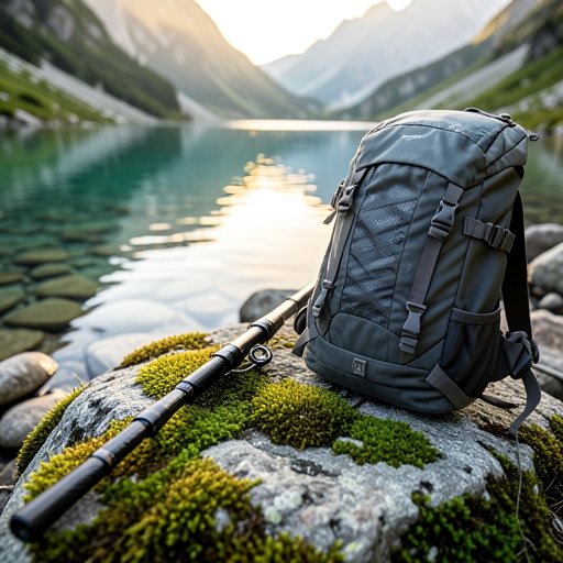 Une canne à pêche télescopique en carbone compacte posée à côté d'un sac à dos de randonnée
