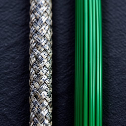 Macro photographie comparant une tresse de pêche 8 brins texturée et une tresse 12 brins parfaitement ronde