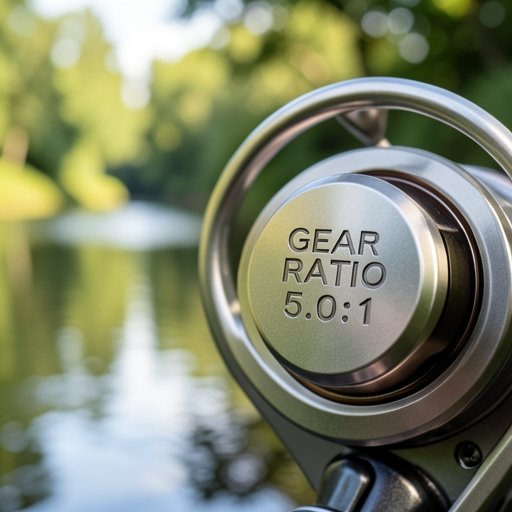 Gros plan sur un moulinet de pêche affichant l'inscription Gear Ratio 5.0:1 sur son bâti en métal