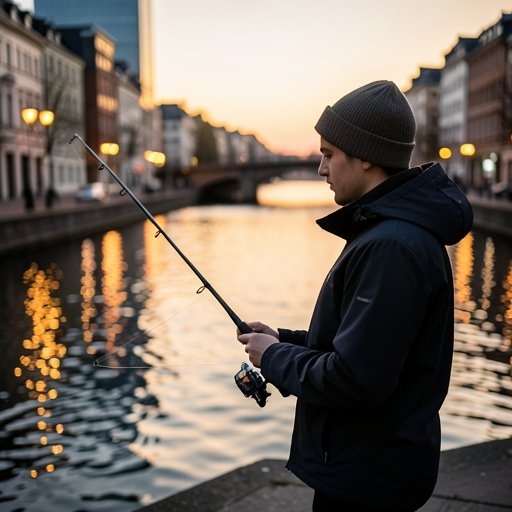 Un jeune pêcheur urbain pratiquant le street fishing sur les quais d'un canal en ville au coucher du soleil