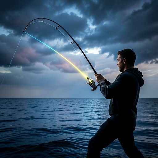 Pêcheur en pleine action de lancer longue distance avec une canne spinning fortement courbée